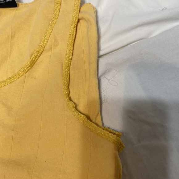 Tank top w/Brat on front in sliver small studs yellow lace around arms & neck - Picture 5 of 6